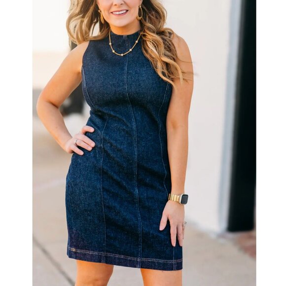 SPANX Dresses & Skirts - Spanx Seamed Shift Dress Stretch Denim Bodycon Mini Dress Size XL